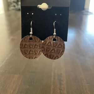 Brown leather dangle, patterned earrings